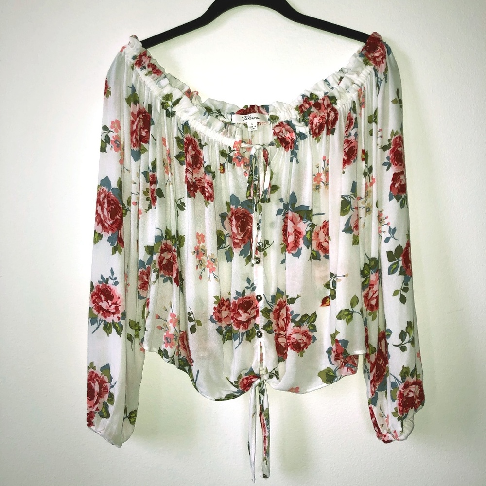 White Floral Print Peasant Top